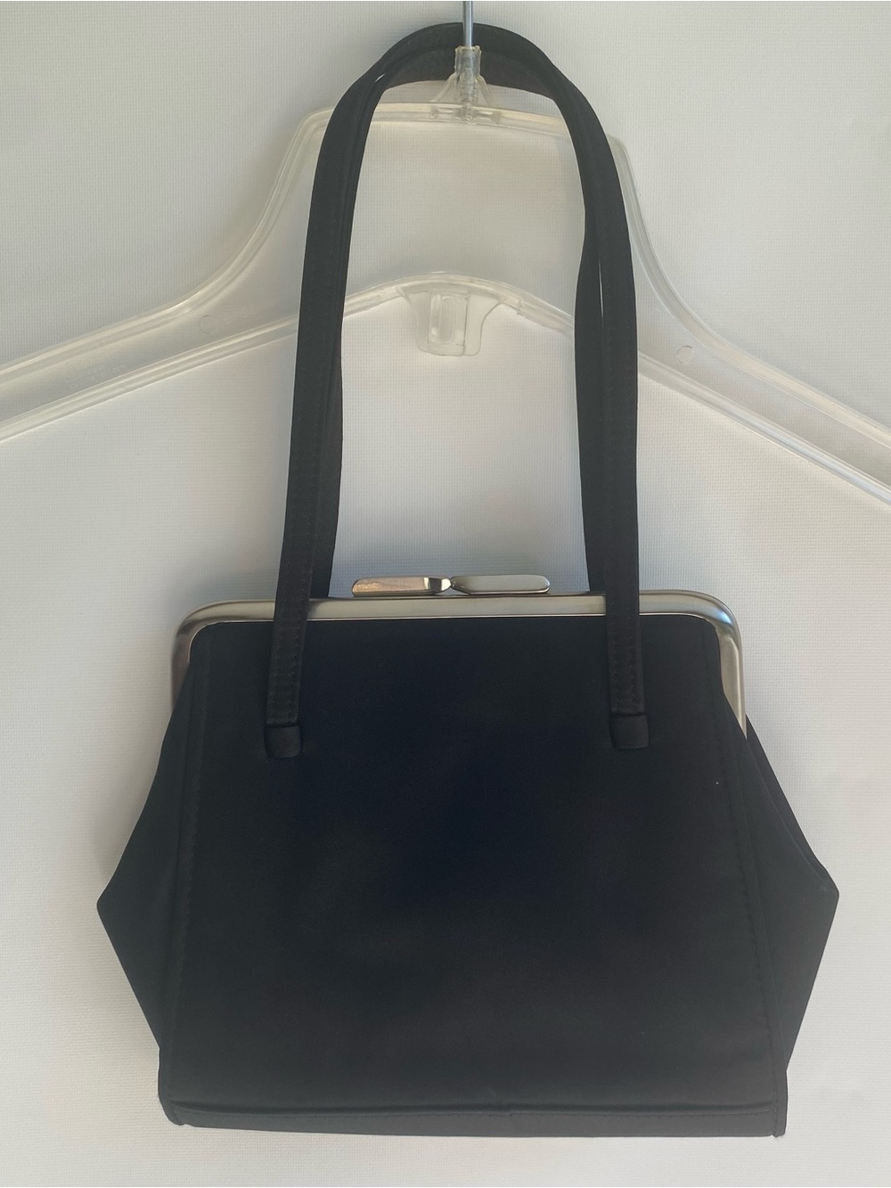 Ann Taylor small black satin evening bag top handle kiss lock formal purse